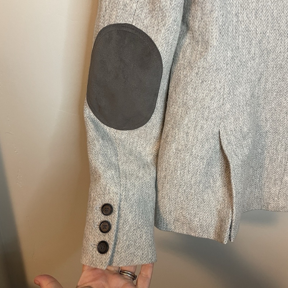 LOFT Herringbone Knit Blazer Jacket Grey Elbow Patches Size 4 Office - Picture 4 of 6